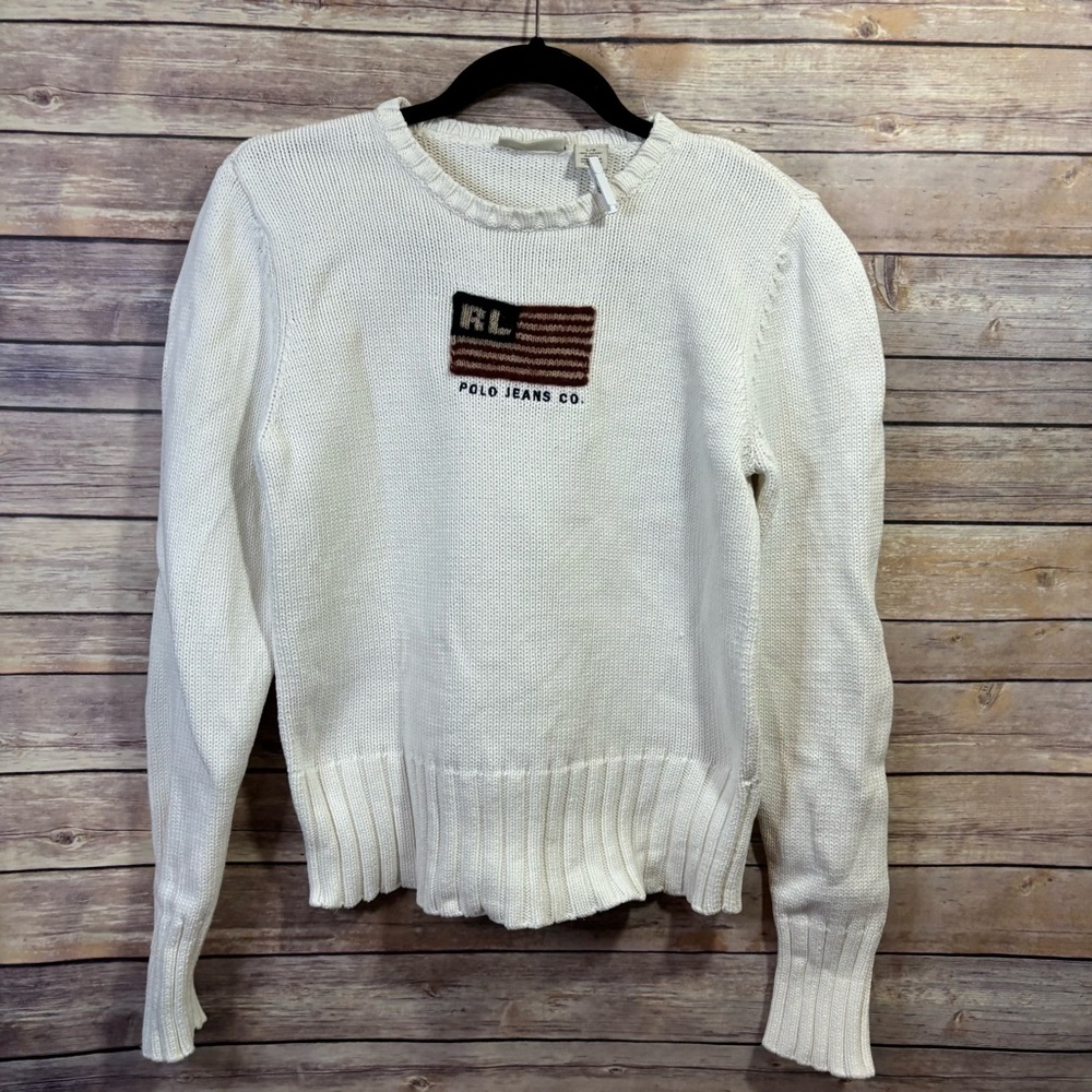 Vintage Polo jeans company Ralph Lauren American flag Cotton knit sweater Small